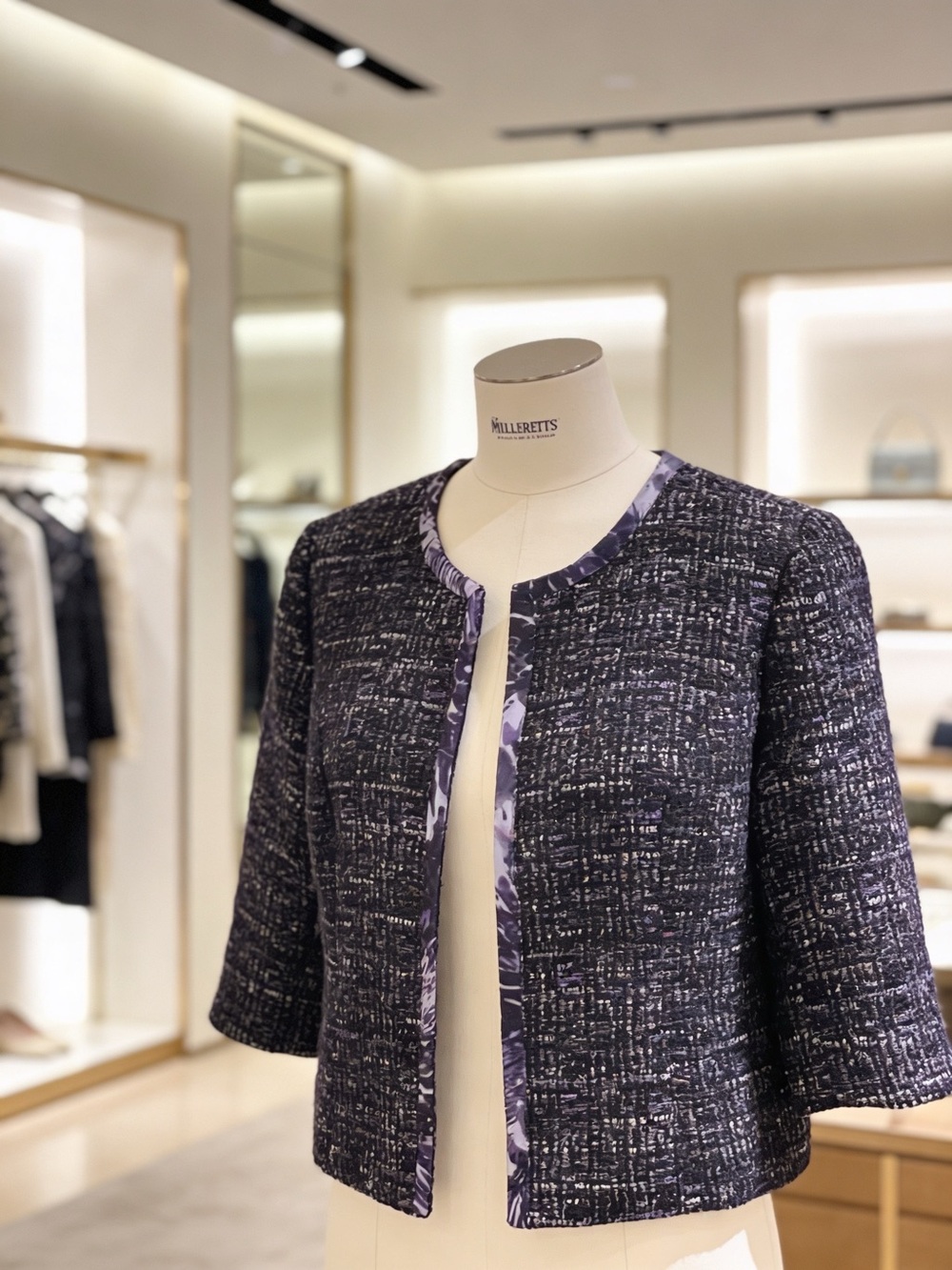 Coldwater Creek Navy Tweed Cropped Blazer w/Lavender Trim Size PETITE SmalL EUC